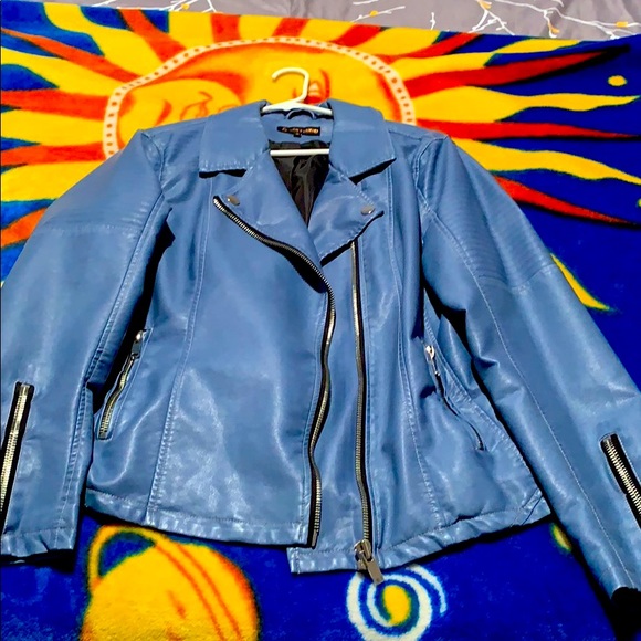 Blue polyurethane bomber jacket. - Picture 1 of 3